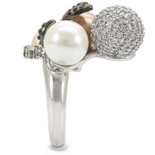 Rhodium + Ruthenium Brass Ring with Synthetic Pearl in Multi Color Size 6