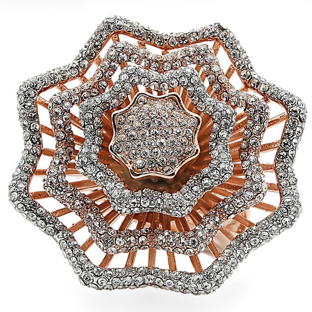 Rose Gold + Rhodium Brass Ring with Top Grade Crystal  in Clear Size 7