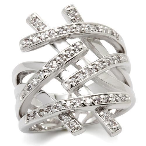 0W061 - Rhodium Brass Ring with AAA Grade CZ  in Clear Size 5