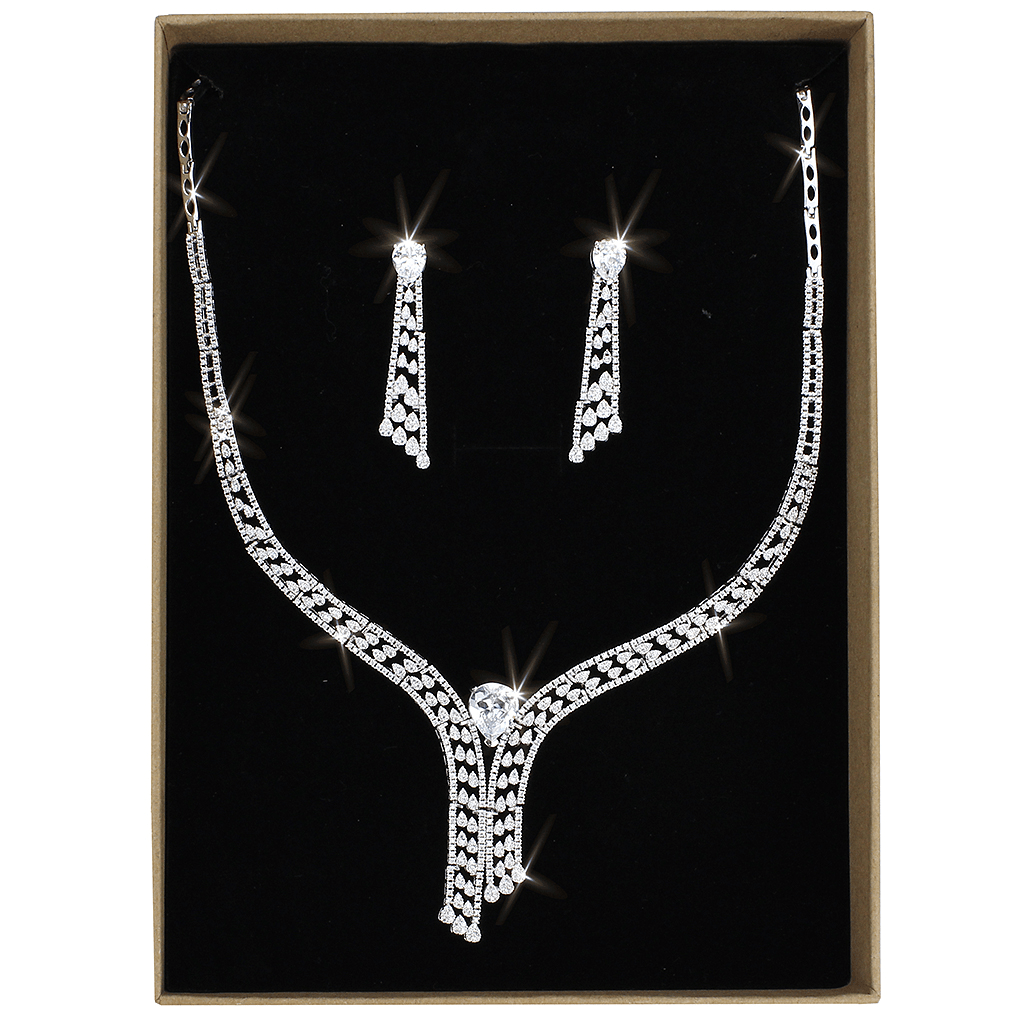 Rhodium-Plated Brass Jewelry Set with AAA Grade CZ in Clear