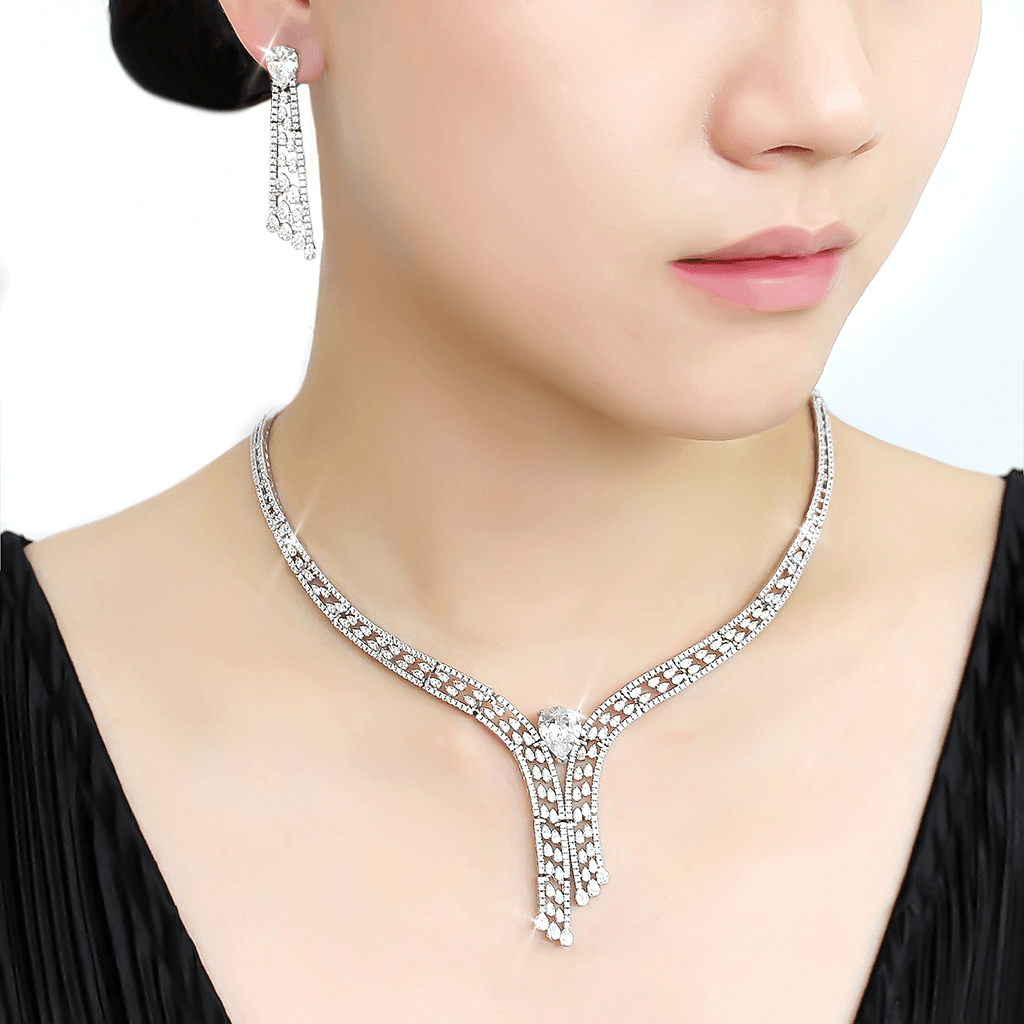 Rhodium-Plated Brass Jewelry Set with AAA Grade CZ in Clear