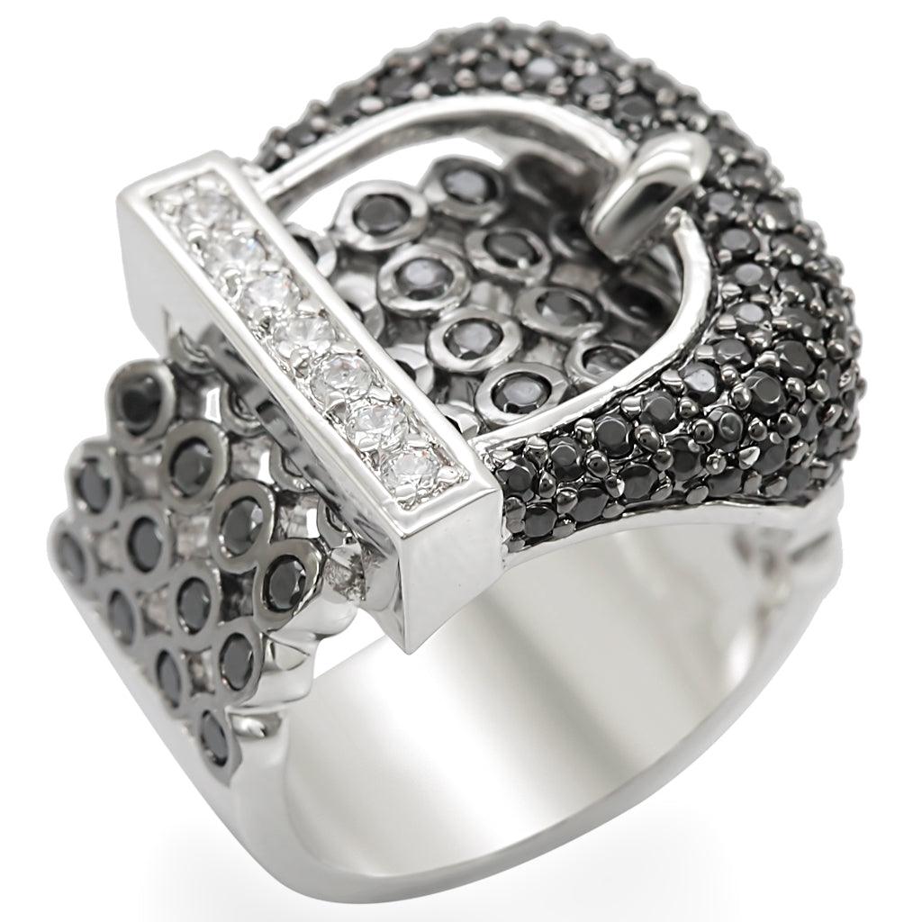 Rhodium + Ruthenium Brass Ring with AAA Grade CZ in Black Diamond Size 6