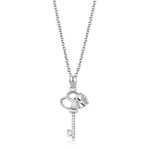 Rhodium 925 Sterling Silver Chain Pendant with AAA Grade CZ in Clear