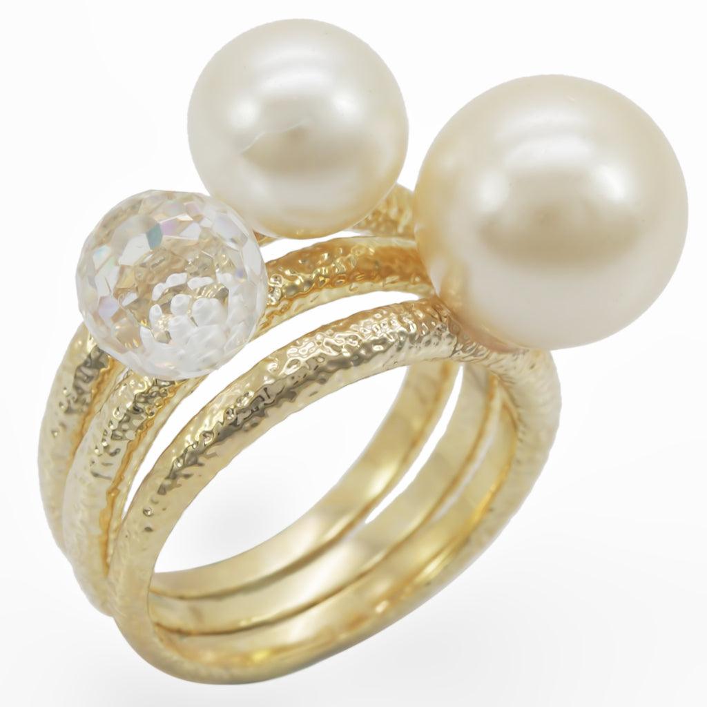 Gold Brass Ring with Synthetic Pearl in Citrine Yellow Size 5