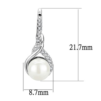 3W1478 - Rhodium Brass Earrings with Synthetic Pearl in White