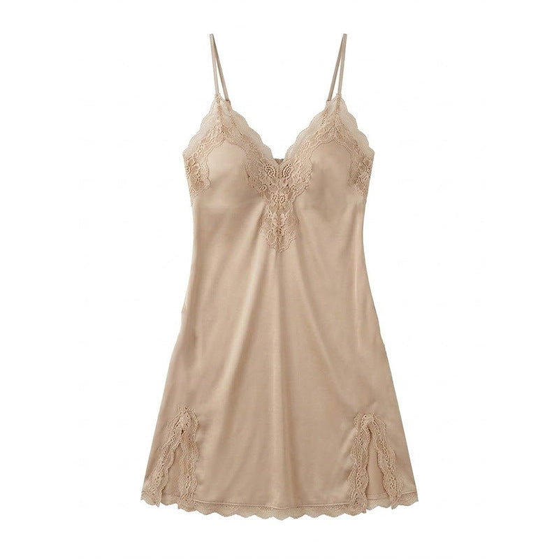 Sexy lace-embroidered V-neck halter nightgown