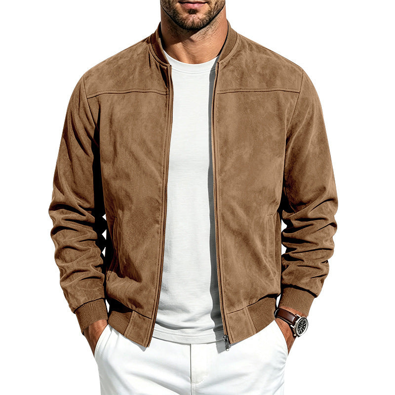 Men Casual Suede Zip Up Jacket Long Sleeve Outerwear