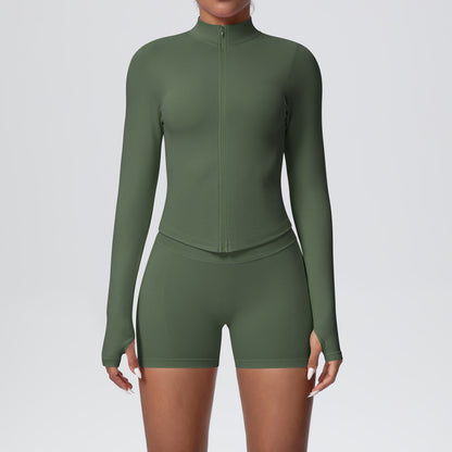 seamless solid color tight high elastic breathable zipper sports suit