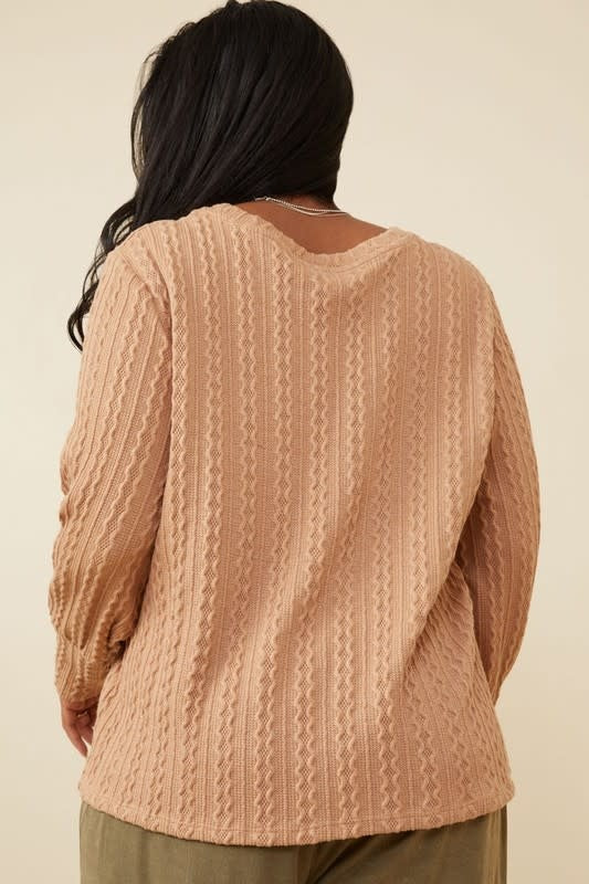 Curvy Long Cuff Cable Knit Pullover Top - Taupe
