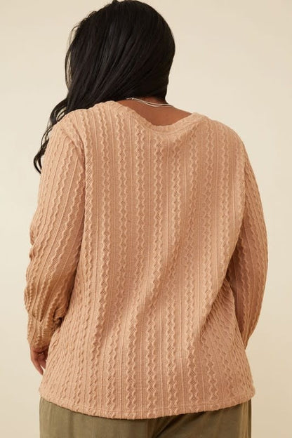 Curvy Long Cuff Cable Knit Pullover Top - Taupe