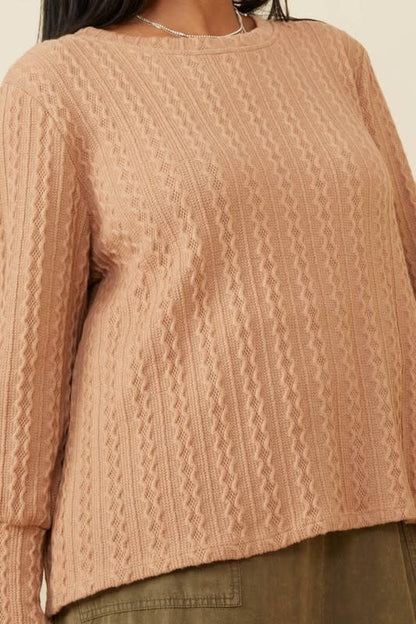 Curvy Long Cuff Cable Knit Pullover Top - Taupe