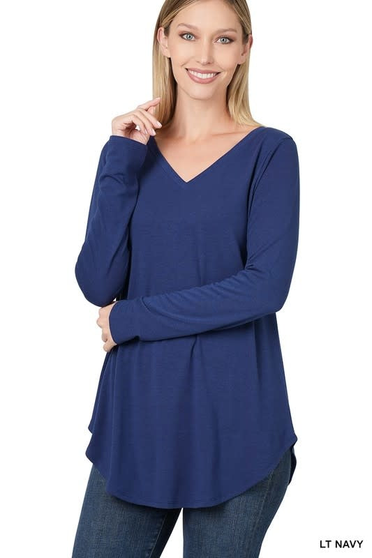 Long Sleeve V Neck &amp; Round Hem Top - Light Navy