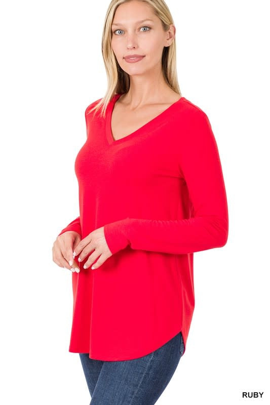 Long Sleeve V Neck &amp; Round Hem Top - Ruby
