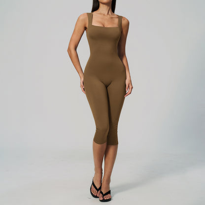 Seamless Square Neck Bodysuit for Women Slim Fit Yoga Shorts Set
