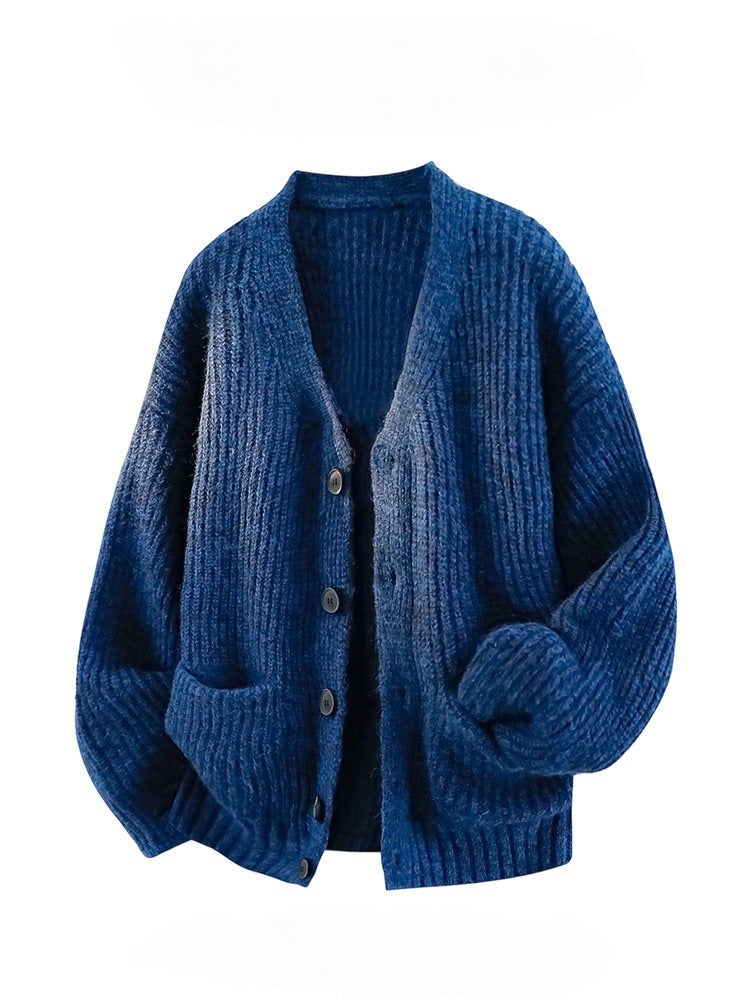 Mens V-Neck Knit Shirt Relaxed Fit Long Sleeve Top