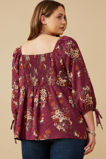 Curvy Mixed Floral Tie Sleeve Sweetheart Neck Top