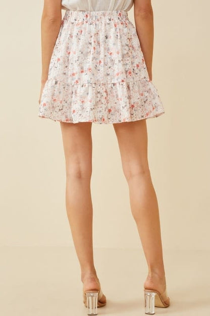 Eyelet Embroidered Floral Elastic Waist Skirt - Pink