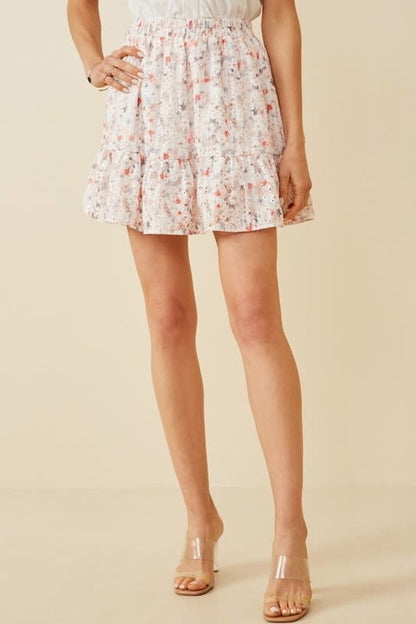 Eyelet Embroidered Floral Elastic Waist Skirt - Pink