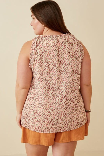 Curvy Ruffle Detail Ditsy Tank - Cream