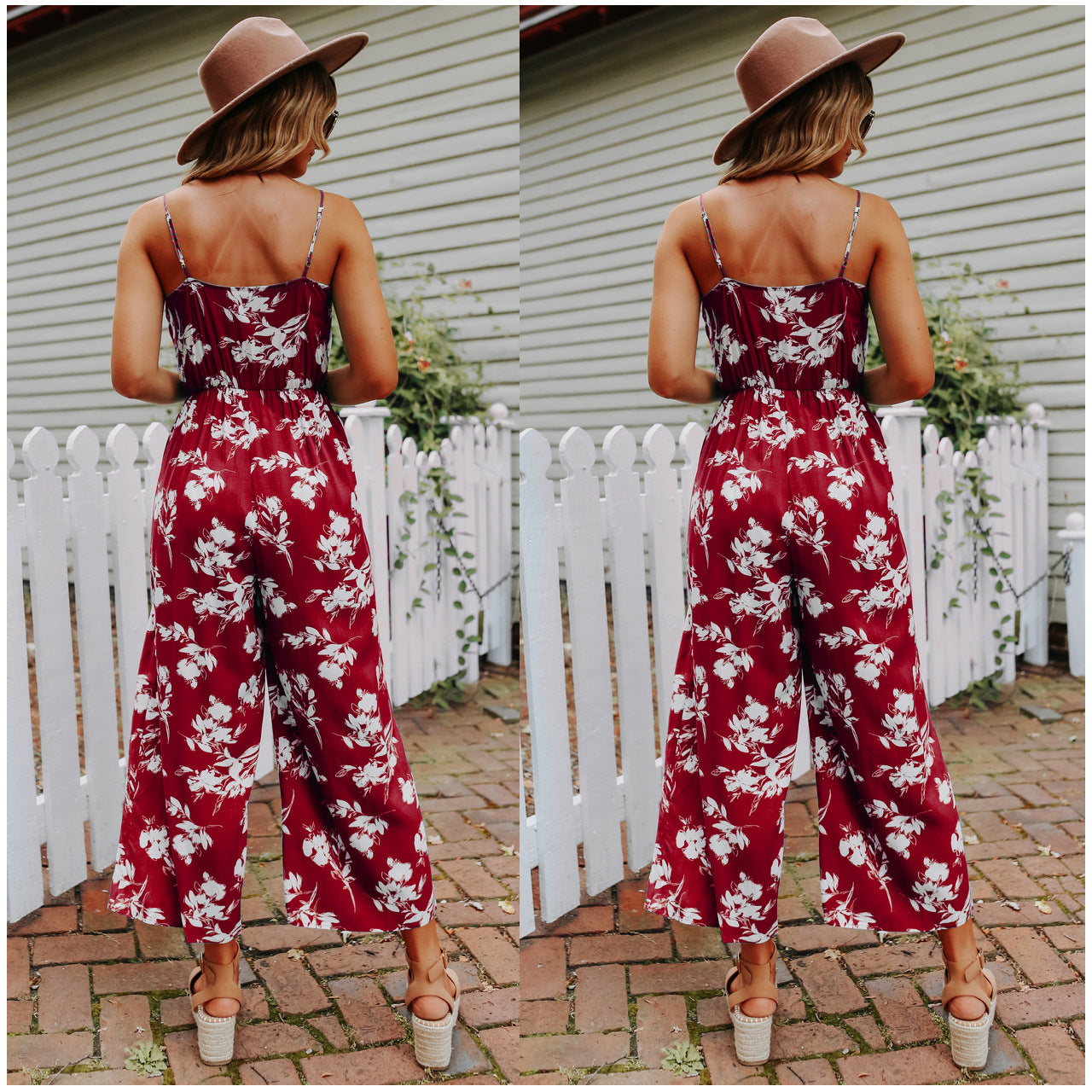 Sexy V neck Strap off the Shoulder Floral One Piece Trousers Multi Color Loose Backless Body Clothes