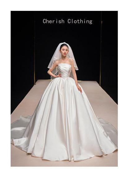 Court Satin Strapless Wedding Dress Long Train