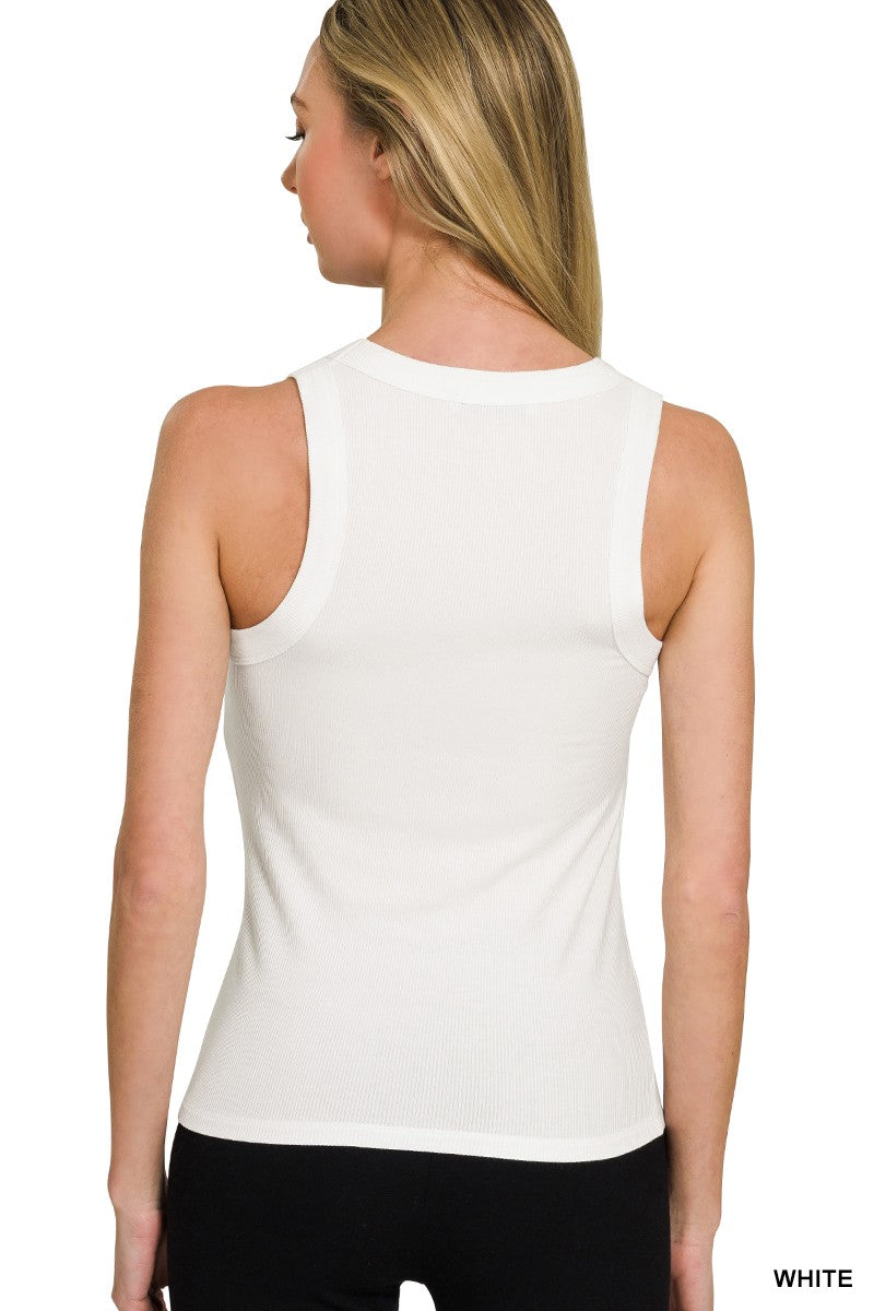 Ribbed Scoop Neck Tank Top: White