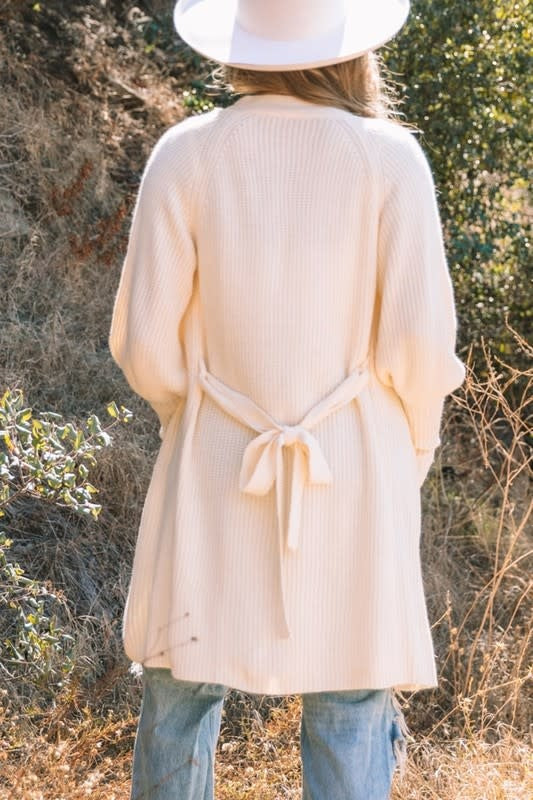 Solid Color Open Front Cardigan with Tie - Apricot