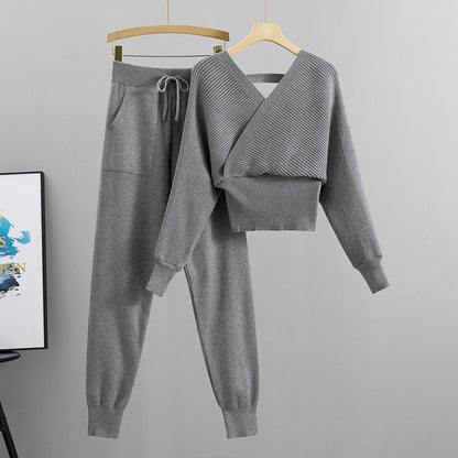 Women Double V Neck Off Shoulder Knitted Two Piece Suit