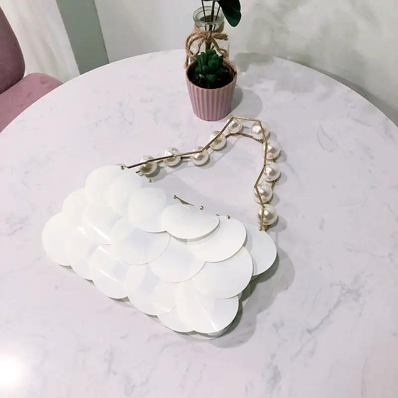 Casual Stringed Pearls Wafer Bag Platinum Sequined Handmade Beaded Handbag Women by Wanita Store