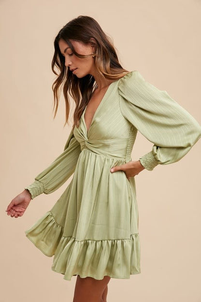 Front Twisted Satin Mini Dress - Pistachio