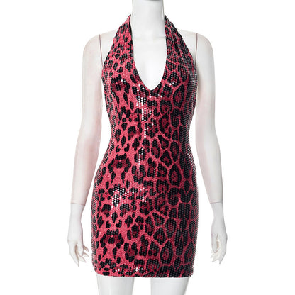 Halterneck Deep V Animal Print Sequin Sleeveless Backless Dress