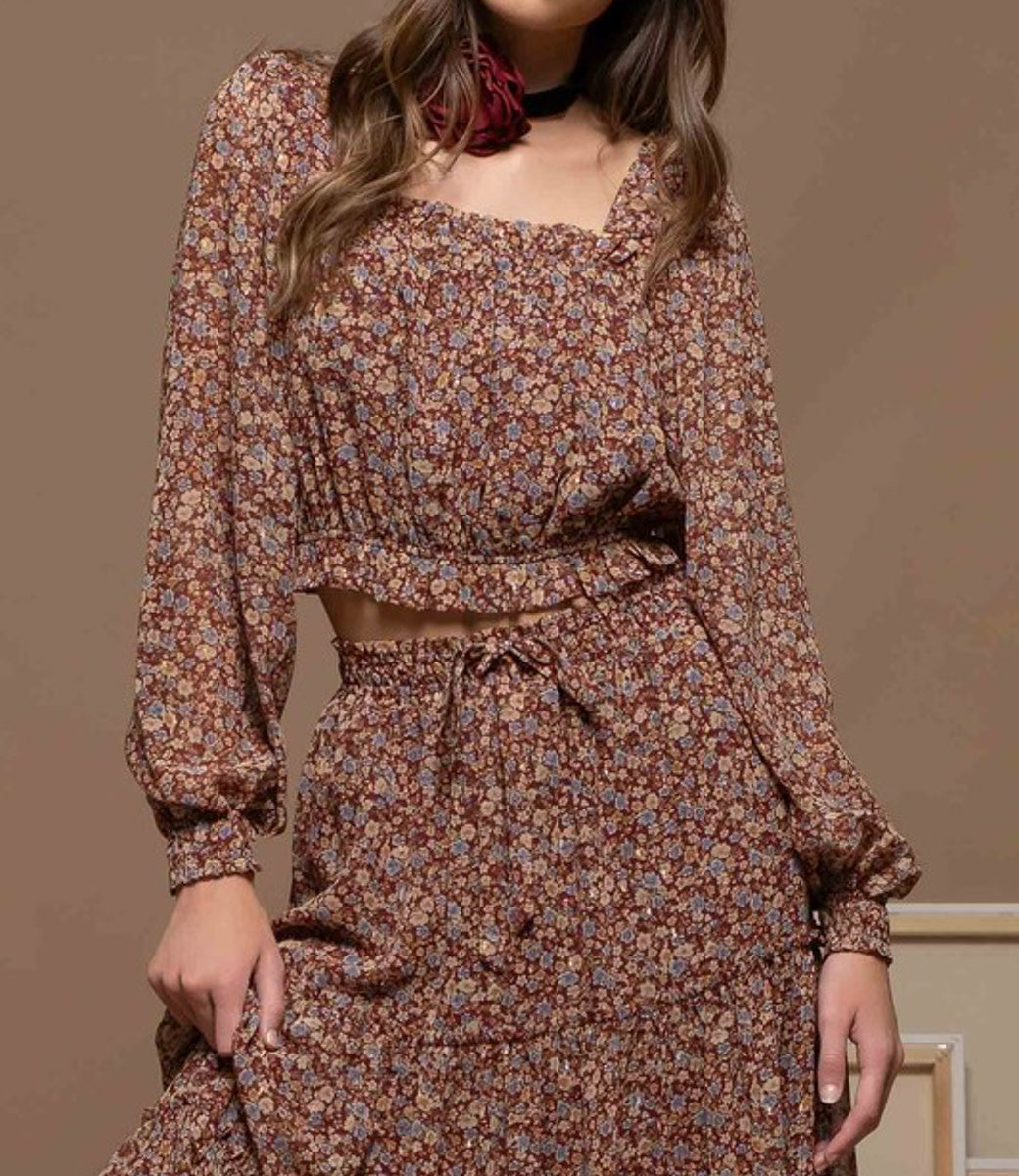 Lennox Floral Square Neck Crop Top - Burgundy