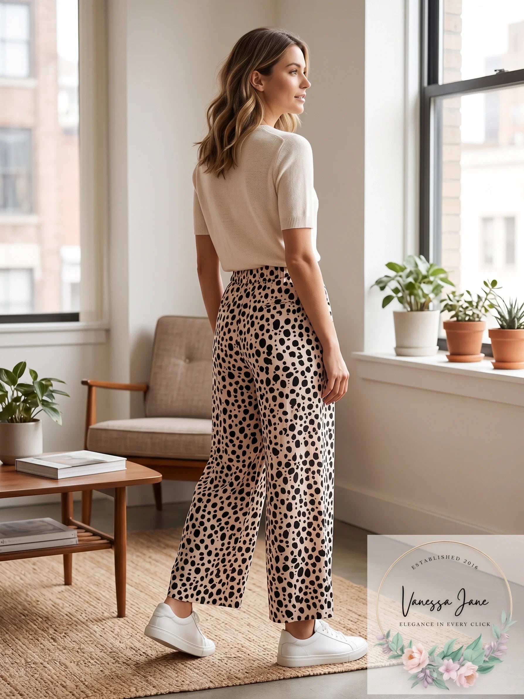 Sanctuary Beige Ink Spot Printed Bohemia Modern Wide Leg Pants, Size Small