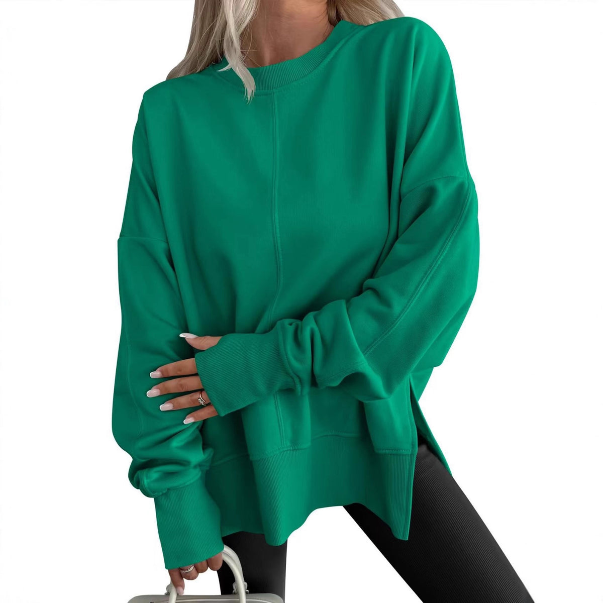 Womens Loose Bat Sleeve Side Slit Round Neck Fleece Lined Sweatshirt