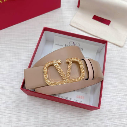 Valentino V logo Hammered Buckle Reversible Wide Signature Belt &