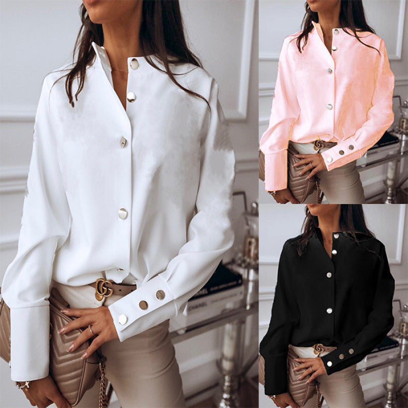 Womens Long Sleeve V-Neck Spliced Shirt with Metal Buttons