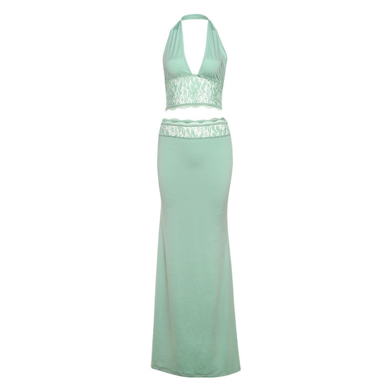 Sexy Halter Backless Camisole High Waisted Lace Skirt Set