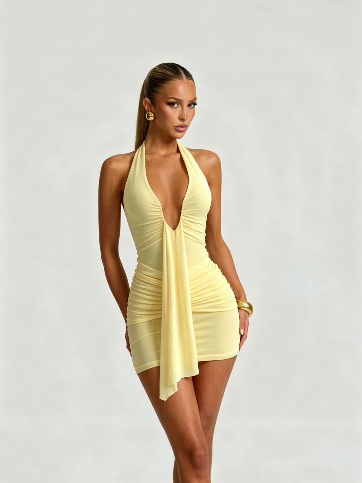 Summer Halter Neck Backless Pleated Solid Color Dress for Women