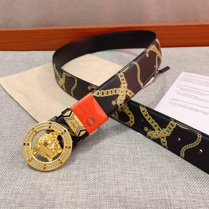 Versace Black Leather Vitello Belt Gold Medallion Buckle