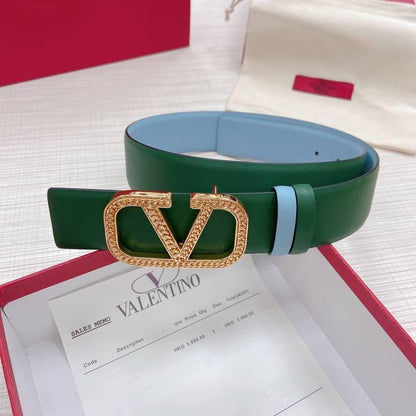 Valentino V logo Hammered Buckle Reversible Wide Signature Belt &
