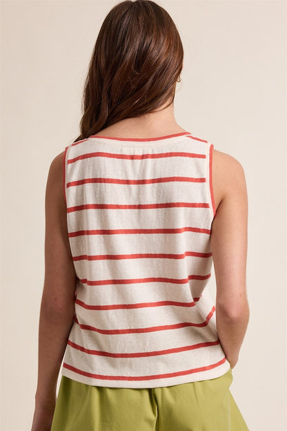 Striped Knit V-Neck Tank Top: Cherry