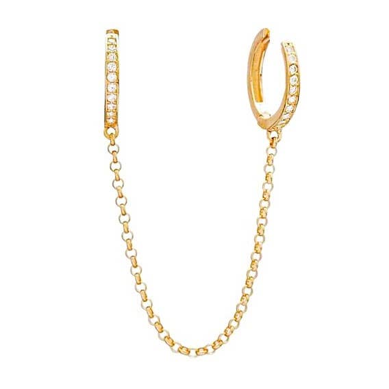 CZ Diamond Chain Ear Cuff with Hoop Earring: Gold