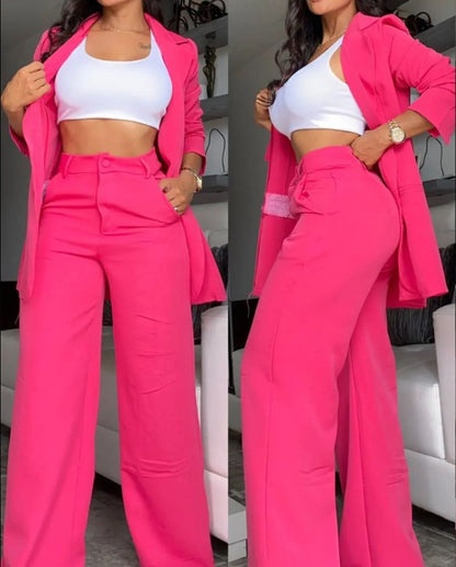 Elegant Solid Color Split Sleeve Lapel Blazer Straight Pants Suit