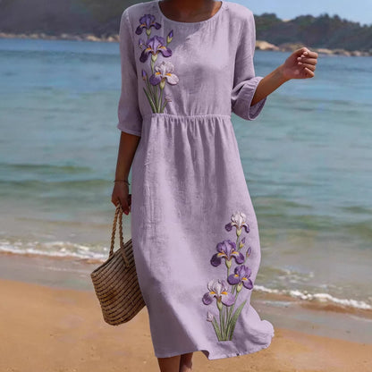 Womens V-Neck 3D Digital Print A-Line Midi Dress
