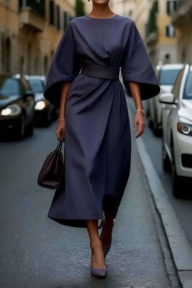 Womens Elegant Solid Color Waist-Cinching Batwing Sleeve Long Dress