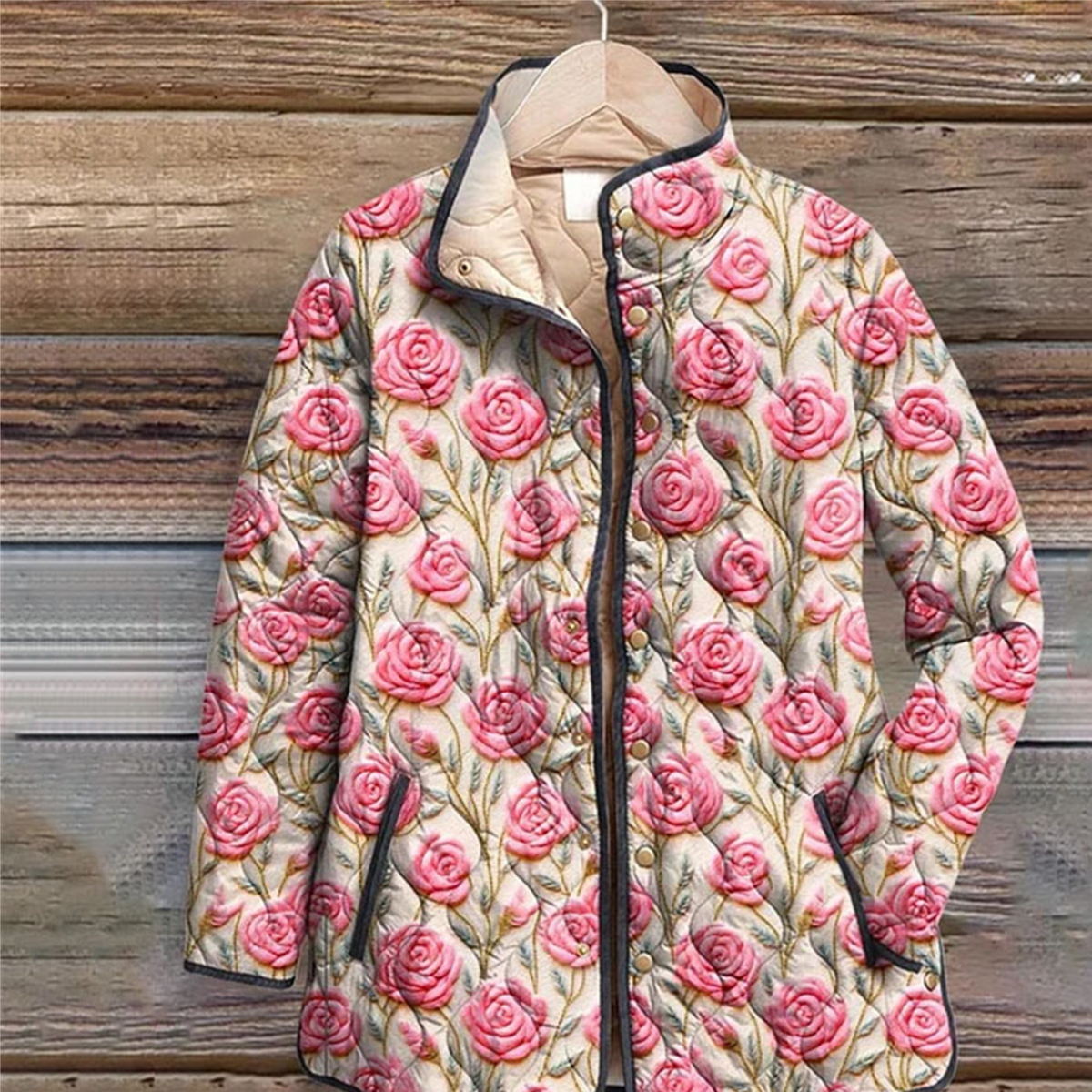 Women Floral Stand Collar Pleated Cotton Sweatshirt