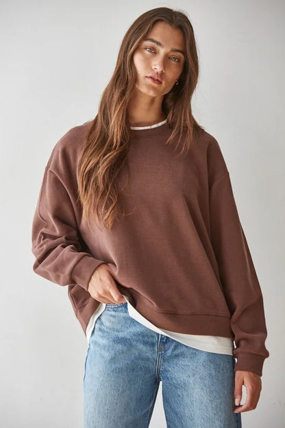 Always On Crew Twofer Pullover Knit: Chocolate
