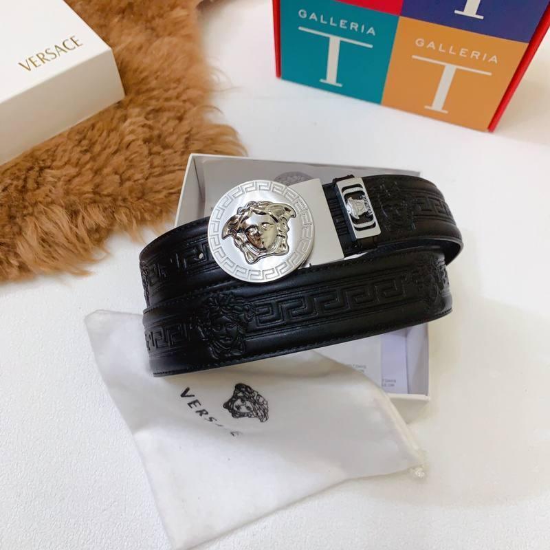 Versace Black Leather Vitello Belt Silver Medallion Buckle