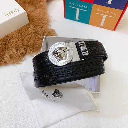 Versace Black Leather Vitello Belt Silver Medallion Buckle