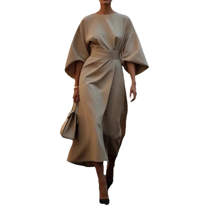 Womens Elegant Solid Color Waist-Cinching Batwing Sleeve Long Dress